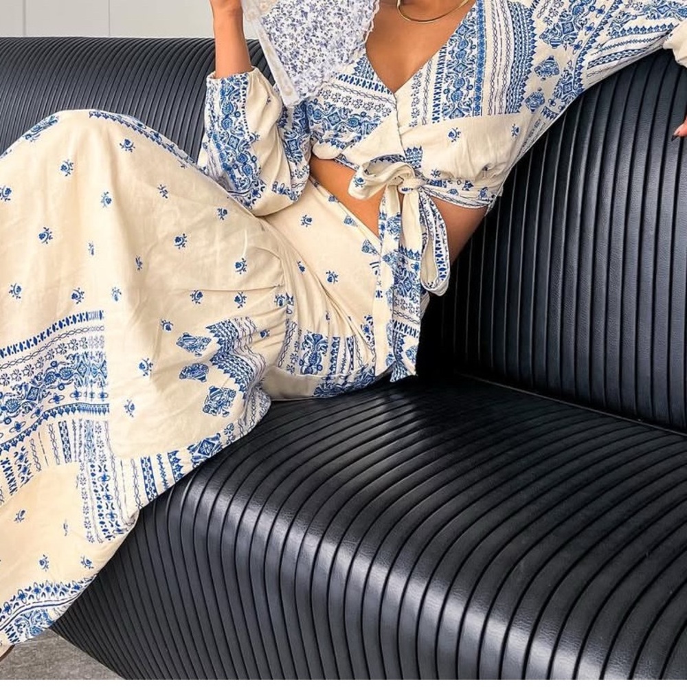 NWT Anthropologie Blue and White Tiered Maxi Skirt & Blouse Resort Wear